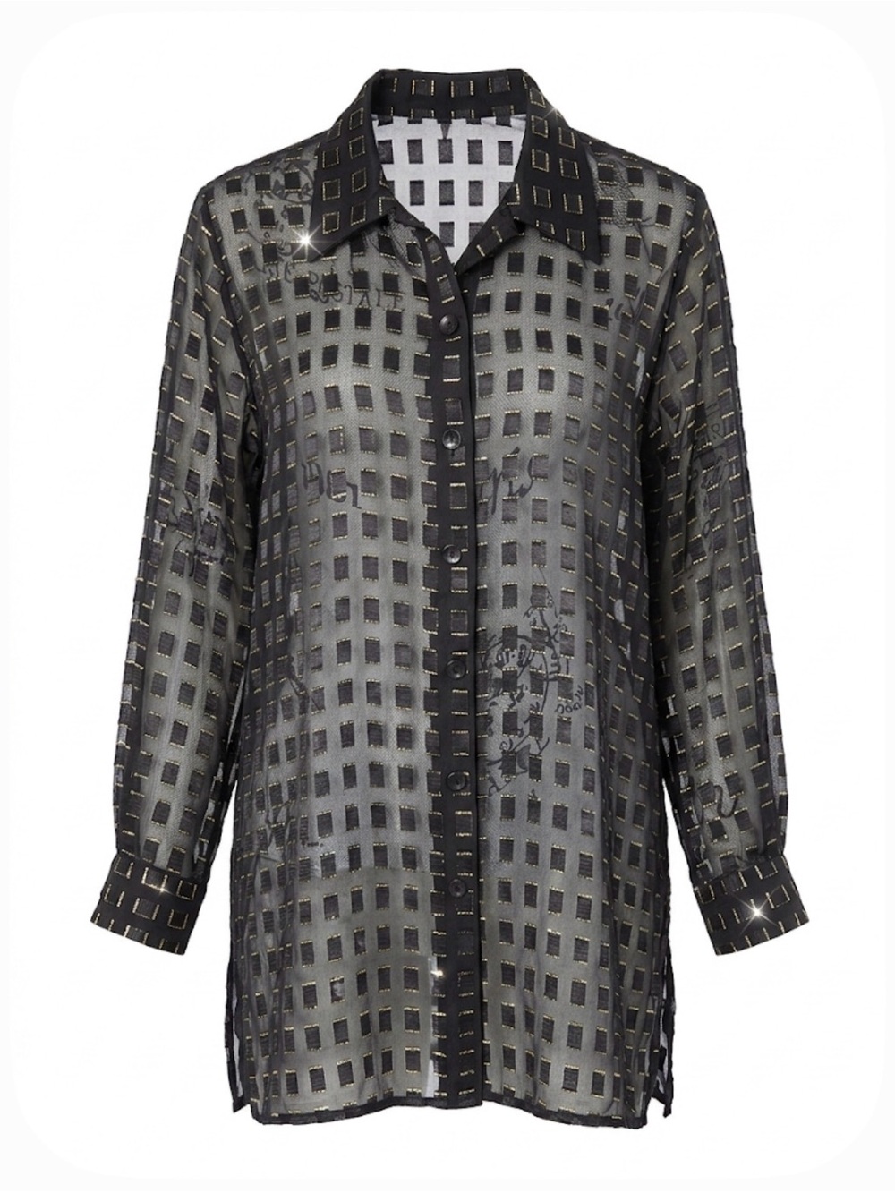 Gloria Vanderbilt Vintage NWT Sheer Shimmer Burnout Grid Tunic Blouse Black 14